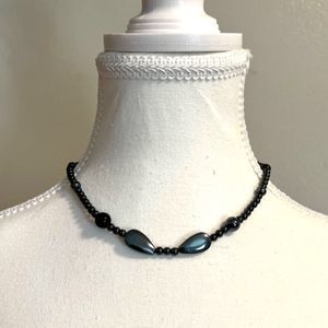 Gun Metal Tone Bead Necklace & Elastic Bracelet Set Lobster Claw Clasp 15 inch